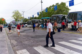 Sightseeing at City of Ljubljana with bus station and railway station in the background on a cloudy summer day. Photo taken August 9th, 2023, Ljubljana, Slovenia.