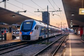 Ljubljana, Slovenia - August 15, 2024: Slovenian train at the railway station in central Ljubljana, ready for departure